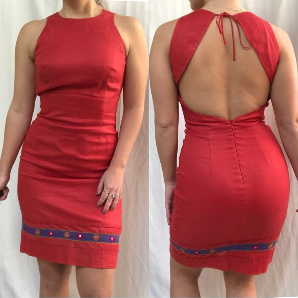 Vintage Laundry by Shelli Segal | y2k Linen Ramie Open Back Dress Red Orange 4